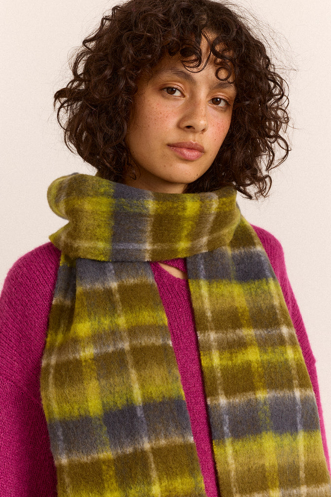 Brushed Fluffy Slim Scarf - Lark Green Check