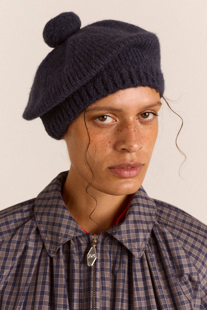Knitted Pom Pom Beret - Navy
