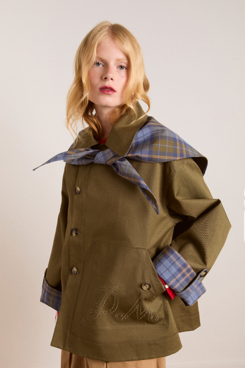 Pre order our Reversible Trench Olive Cropped Trench Coat Damson Madder