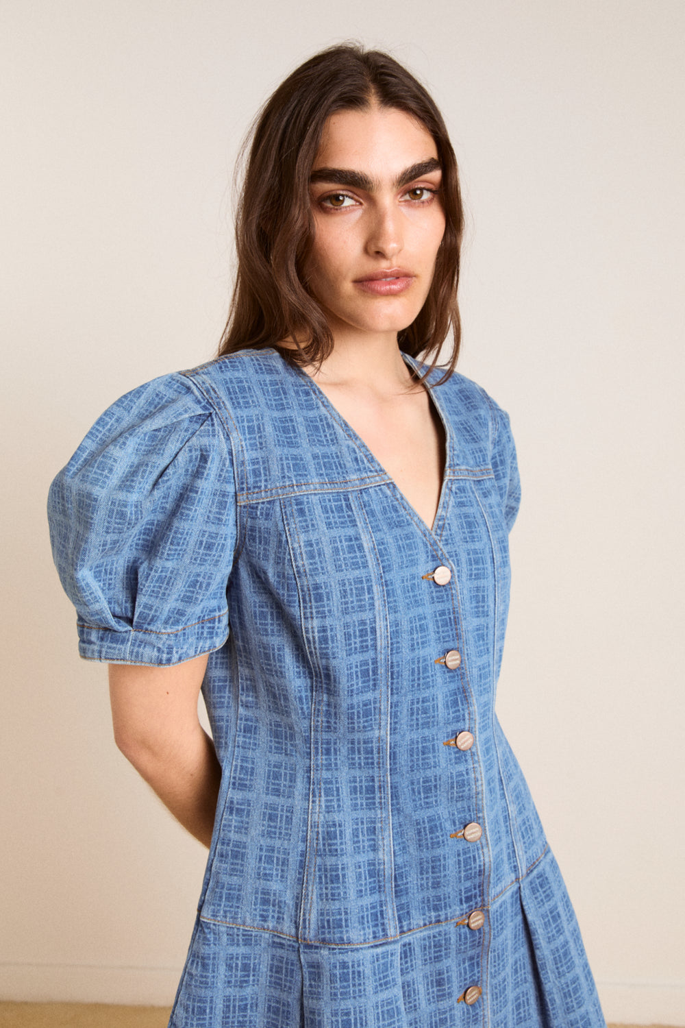 adeline denim mini dress - laser check – Damson Madder
