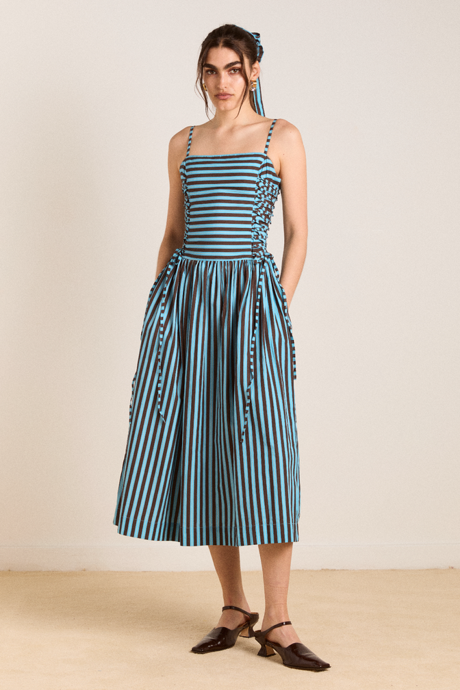 angelina midi dress - blue/choc stripe