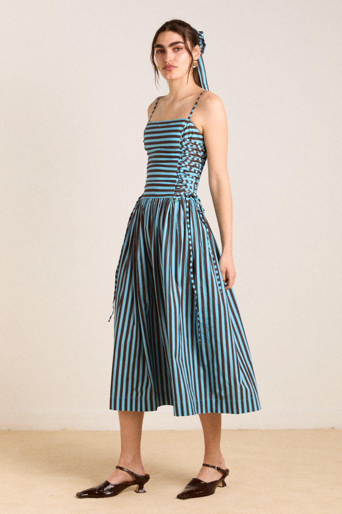 angelina midi dress - blue/choc stripe