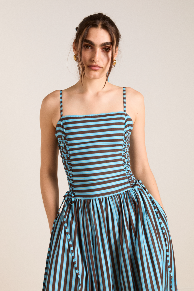 angelina midi dress - blue/choc stripe