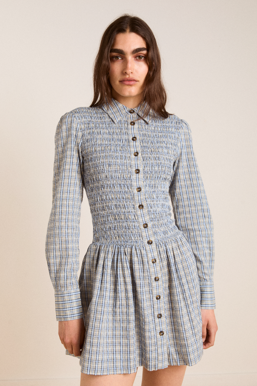 bora mini dress cloudy check Damson Madder
