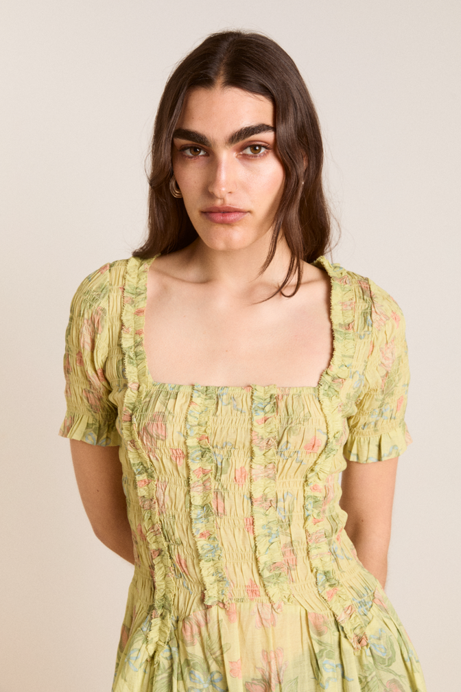 raphaela ruffle midi dress - sheer tulip olive