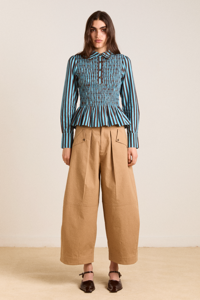 hazel shirt - blue/choc stripe