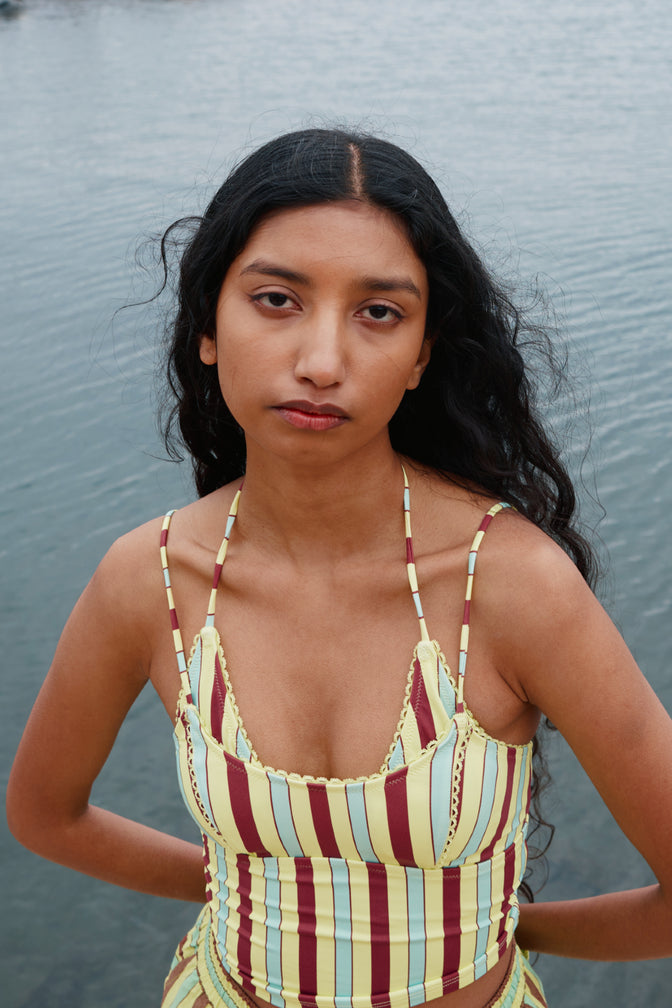 picot trim tankini top - tropical stripe