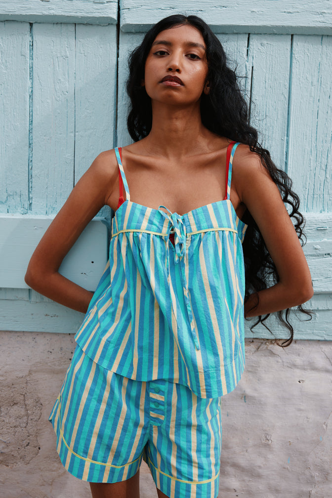 Ellis Shell Top - Bold Turquoise Stripe