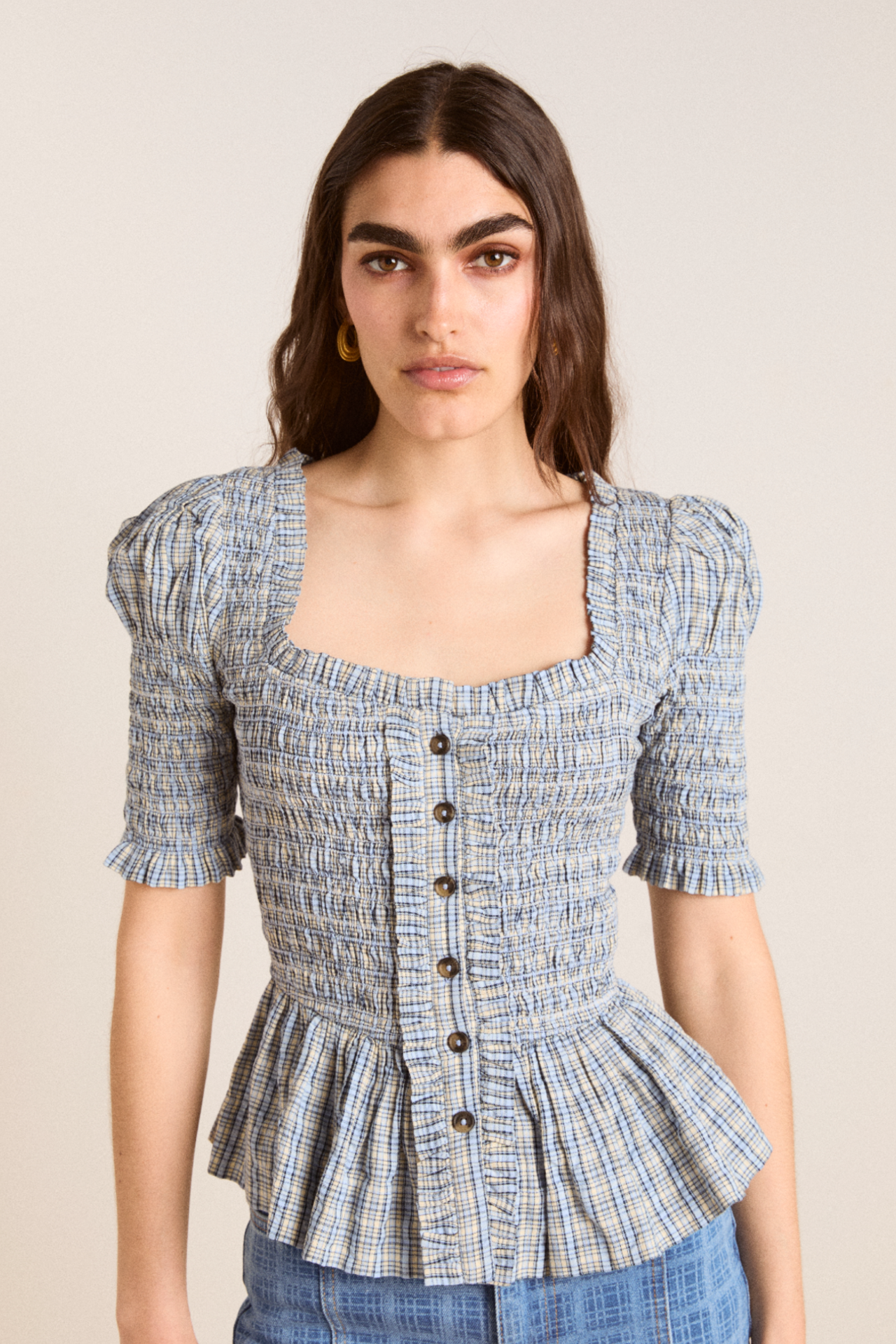 Mansi Shirred Blouse - Cloudy Check – Damson Madder