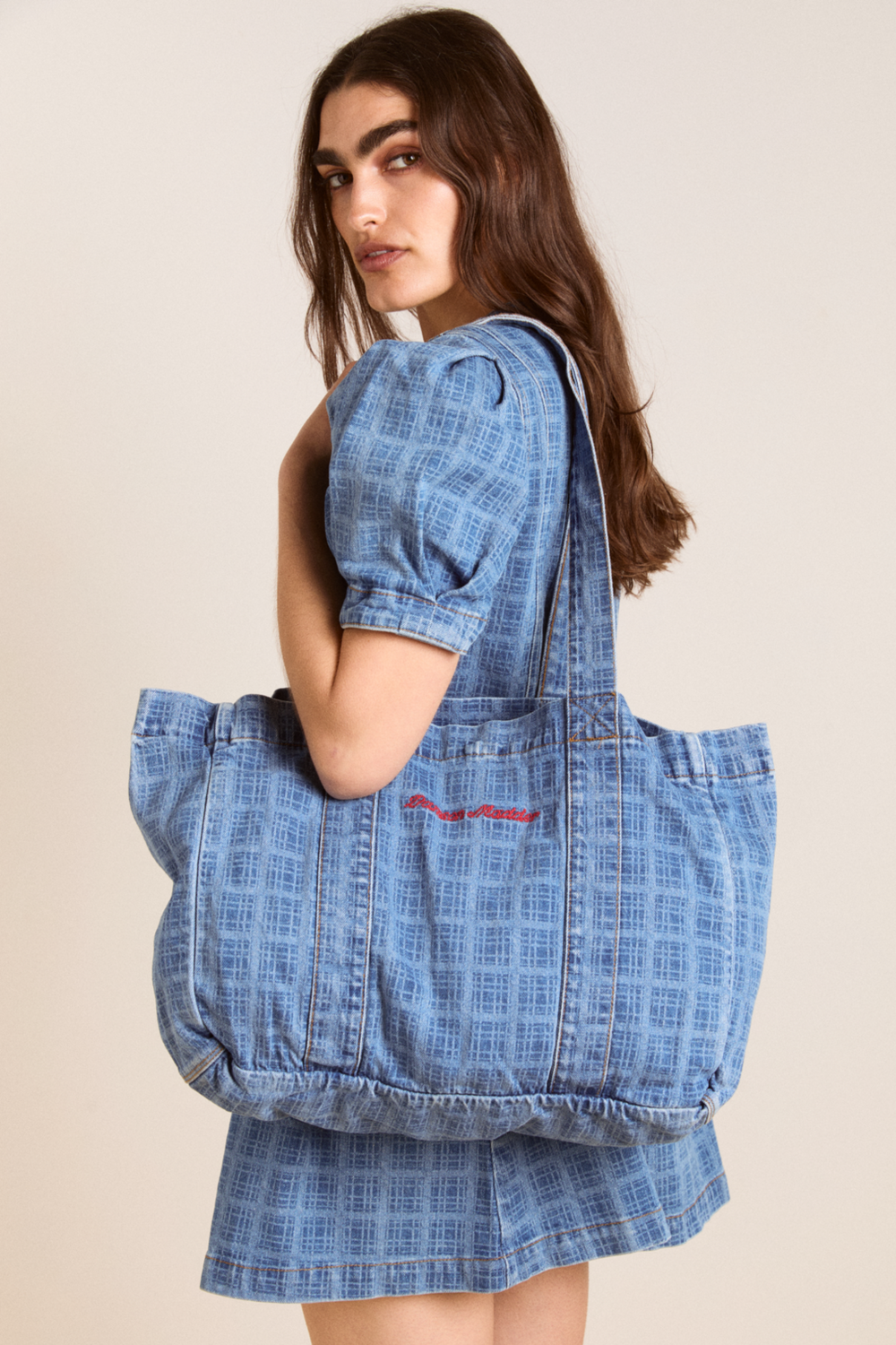 denim tote bag- laser check – Damson Madder denim tote bag- laser check – Damson Madder