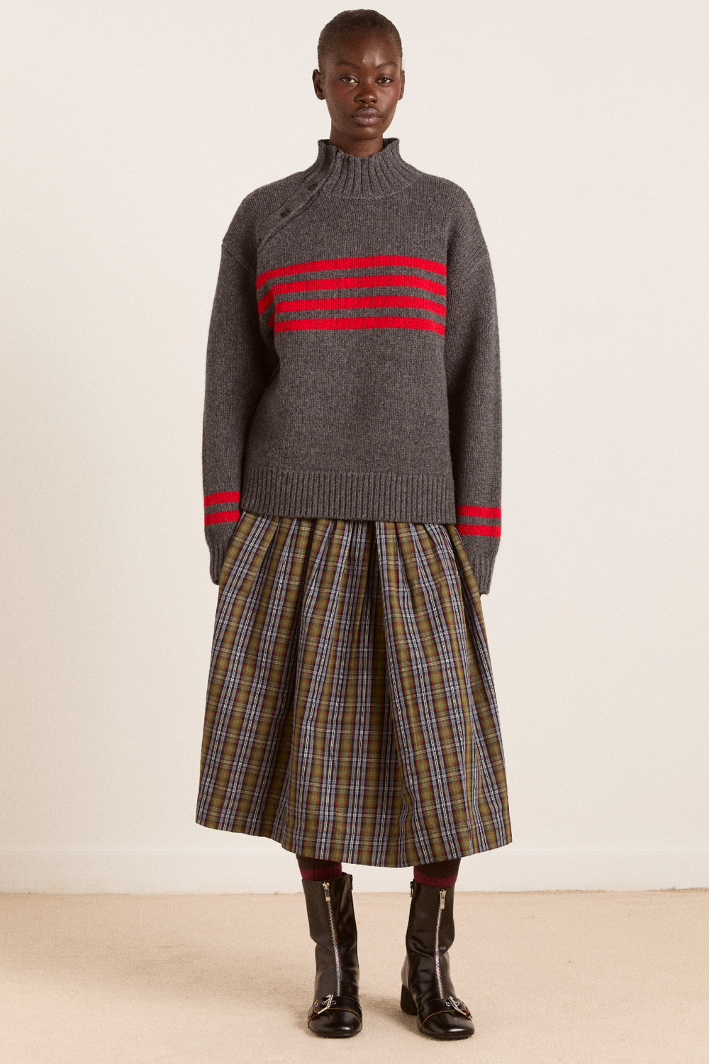 Tallulah High Neck Lambswool Jumper - Charcoal/Red – Damson Madder Tallulah High Neck Lambswool Jumper - Charcoal/Red – Damson Madder