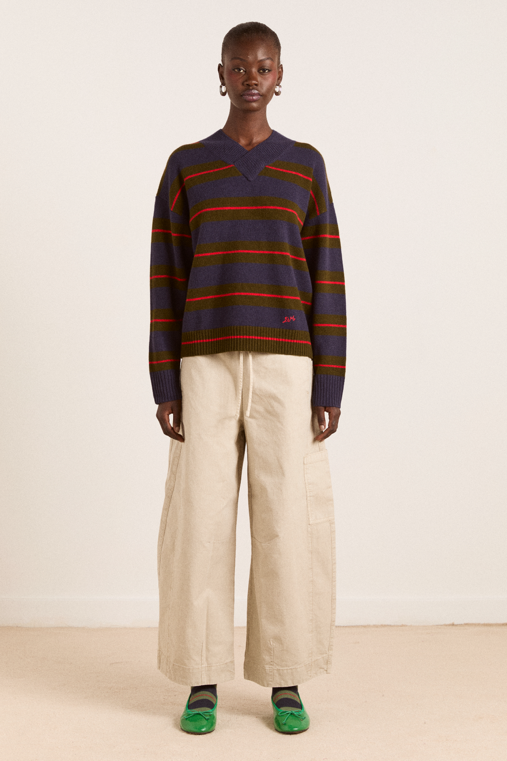 odette v-neck merino wool jumper-olive/navy stripe