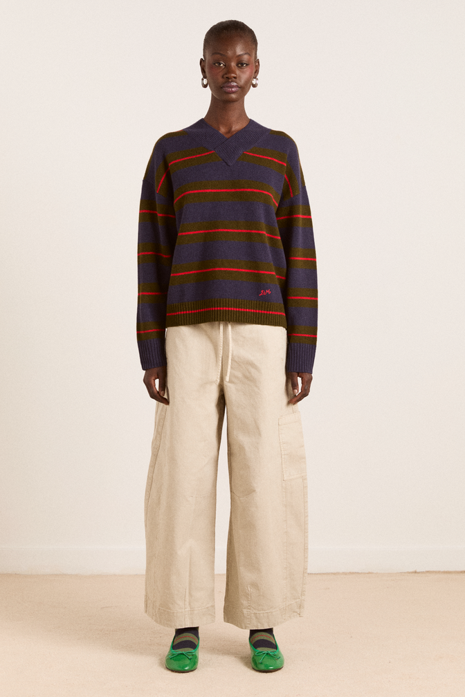 odette v-neck merino wool jumper-olive/navy stripe
