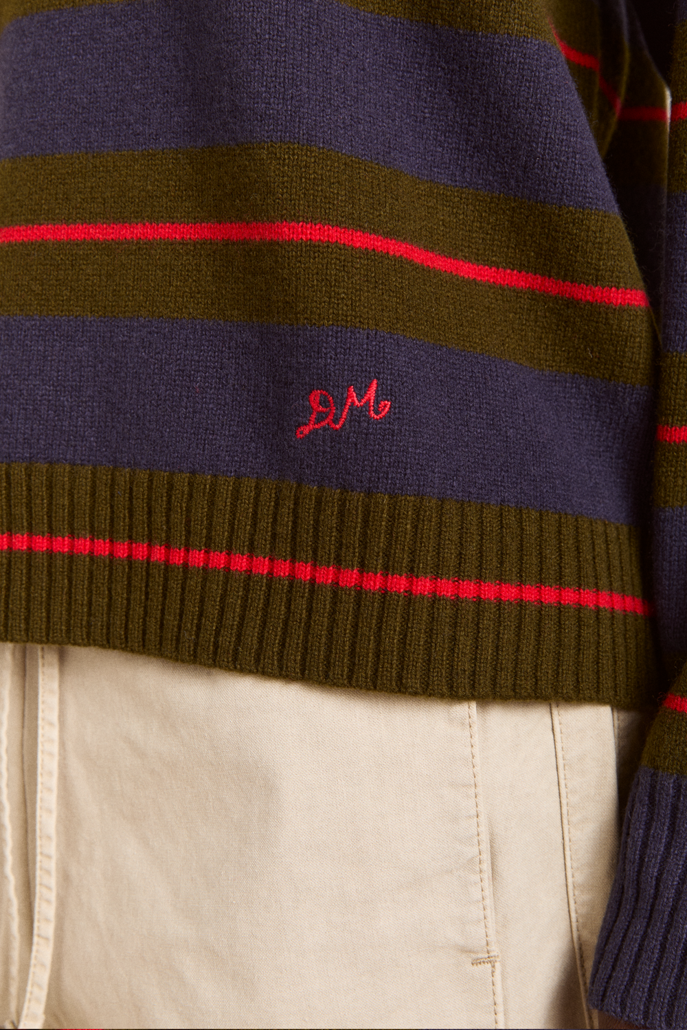 odette v-neck merino wool jumper-olive/navy stripe