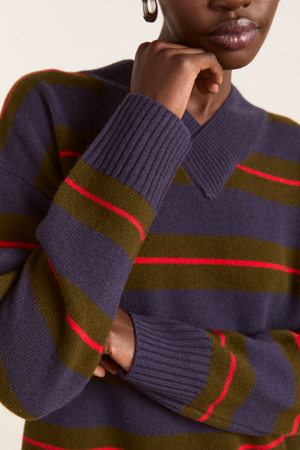 odette v-neck merino wool jumper-olive/navy stripe