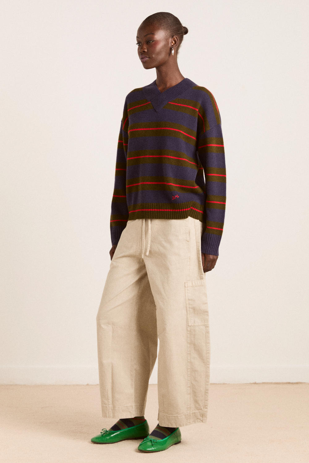 odette v-neck merino wool jumper-olive/navy stripe