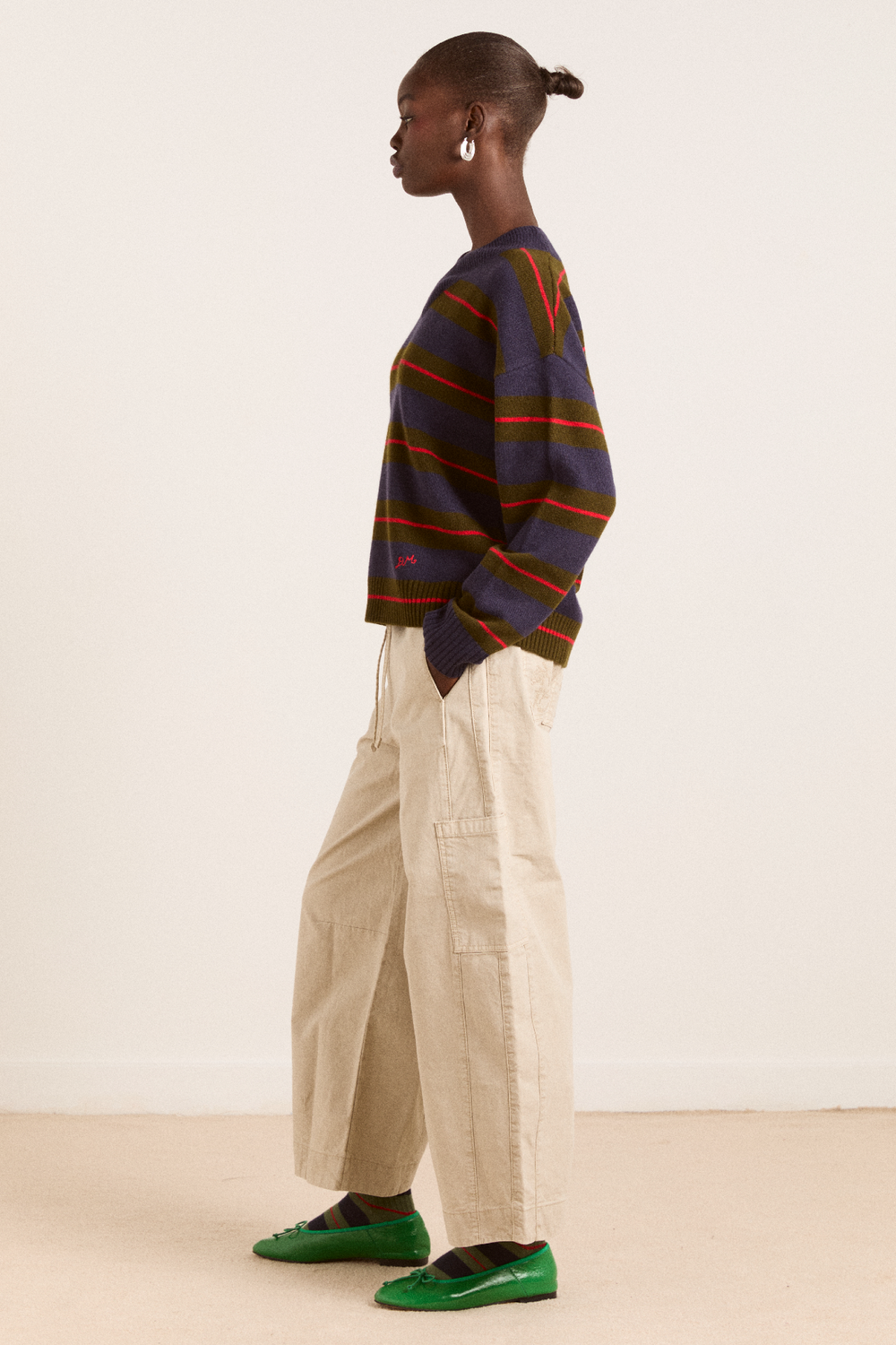 odette v-neck merino wool jumper-olive/navy stripe