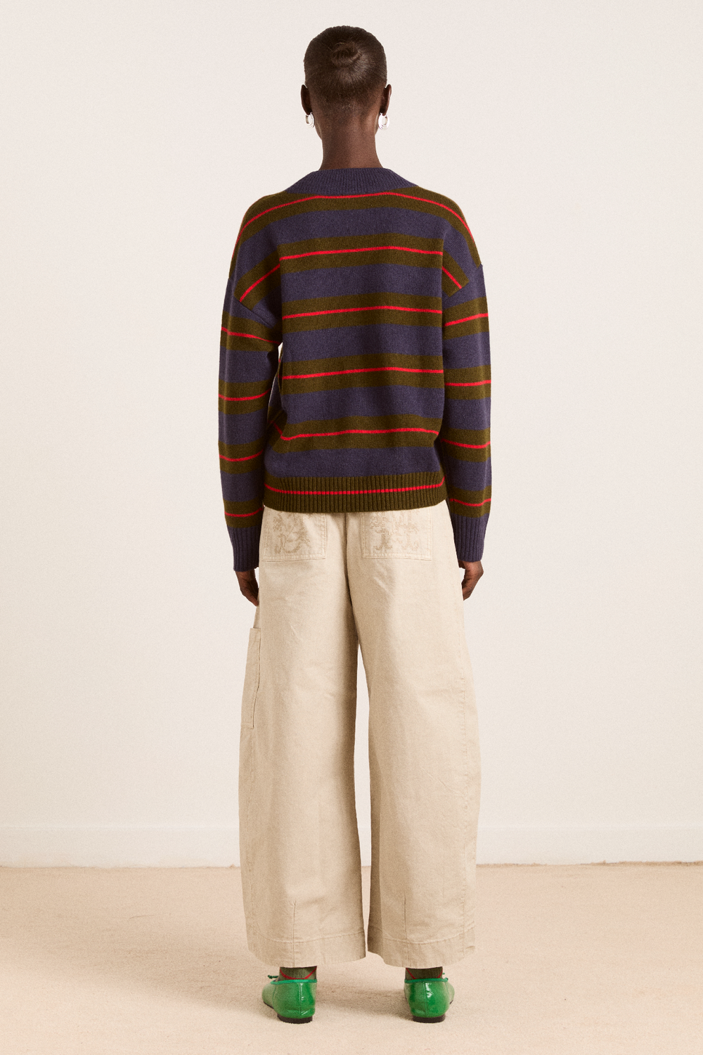 odette v-neck merino wool jumper-olive/navy stripe