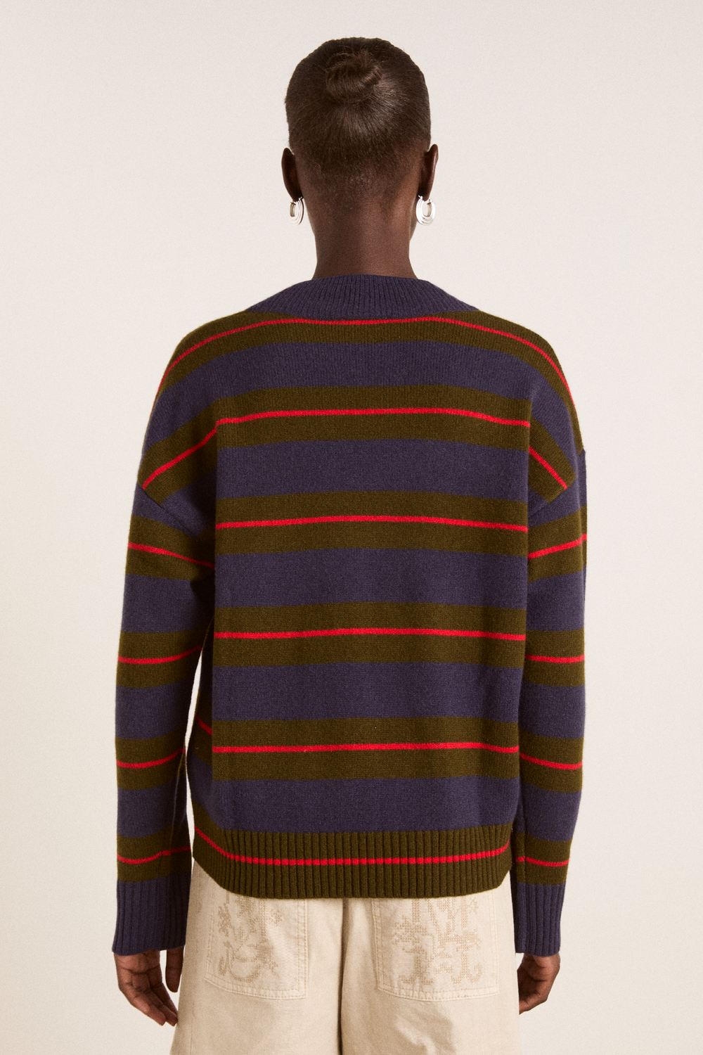 odette v-neck merino wool jumper-olive/navy stripe