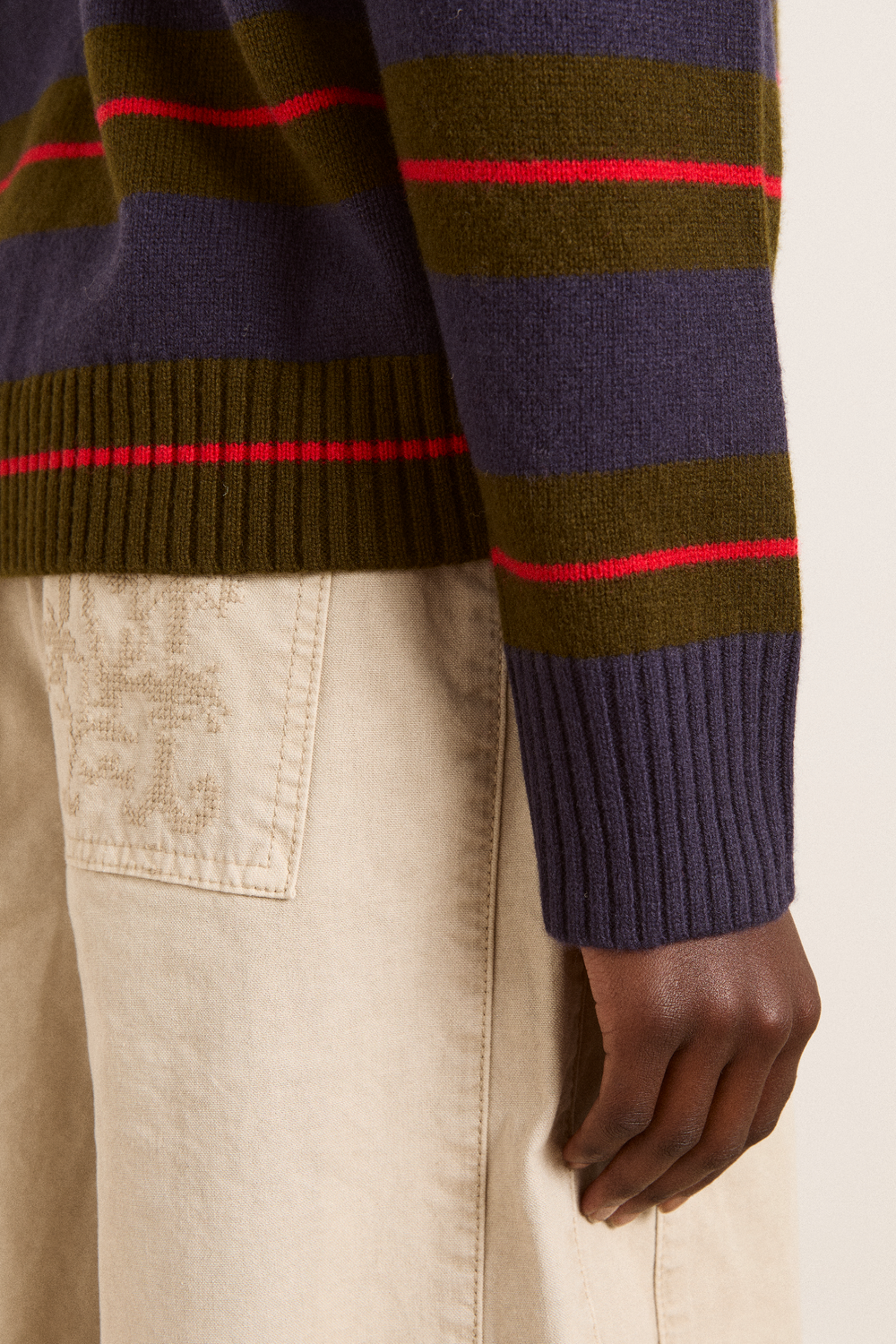 odette v-neck merino wool jumper-olive/navy stripe