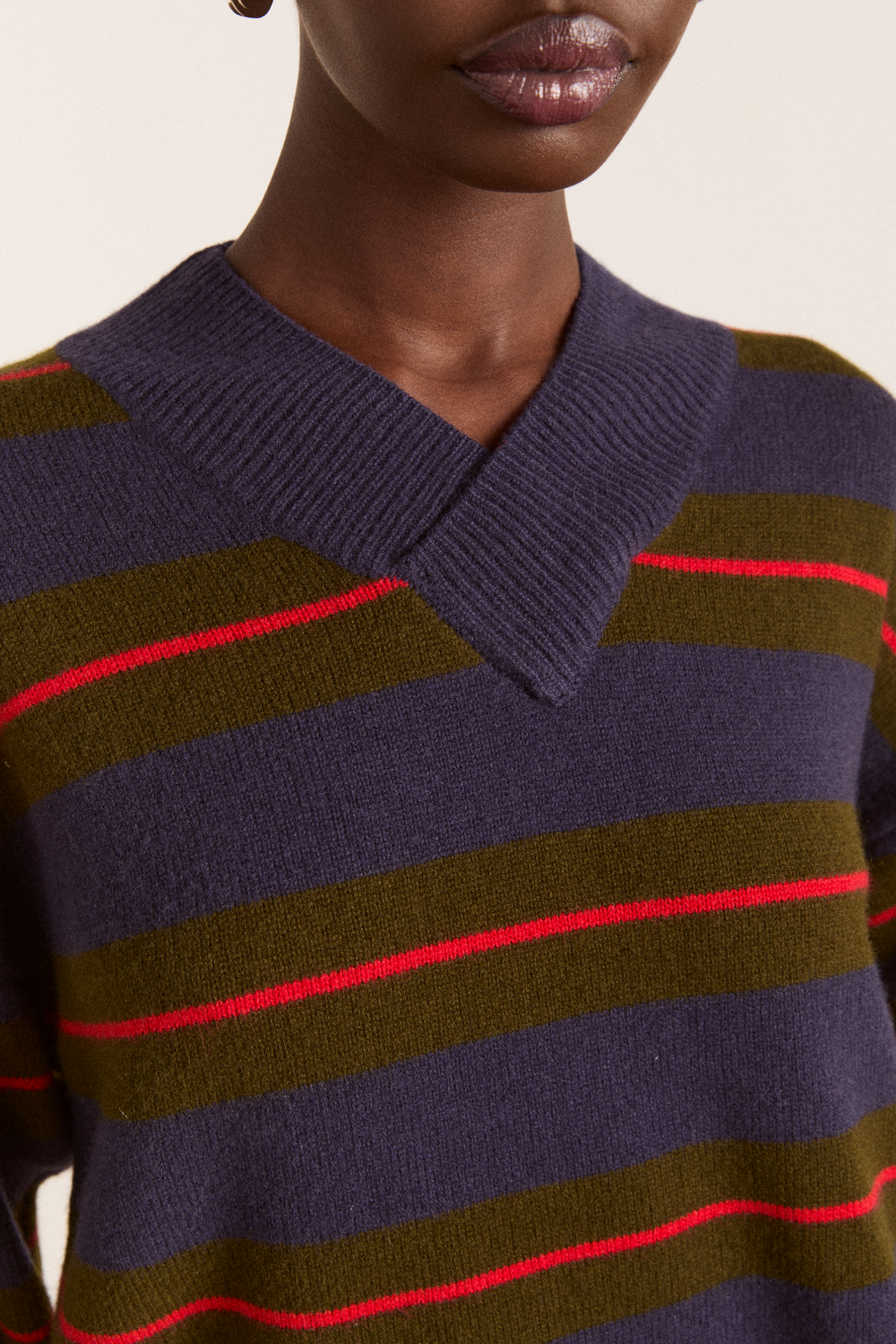 odette v-neck merino wool jumper-olive/navy stripe
