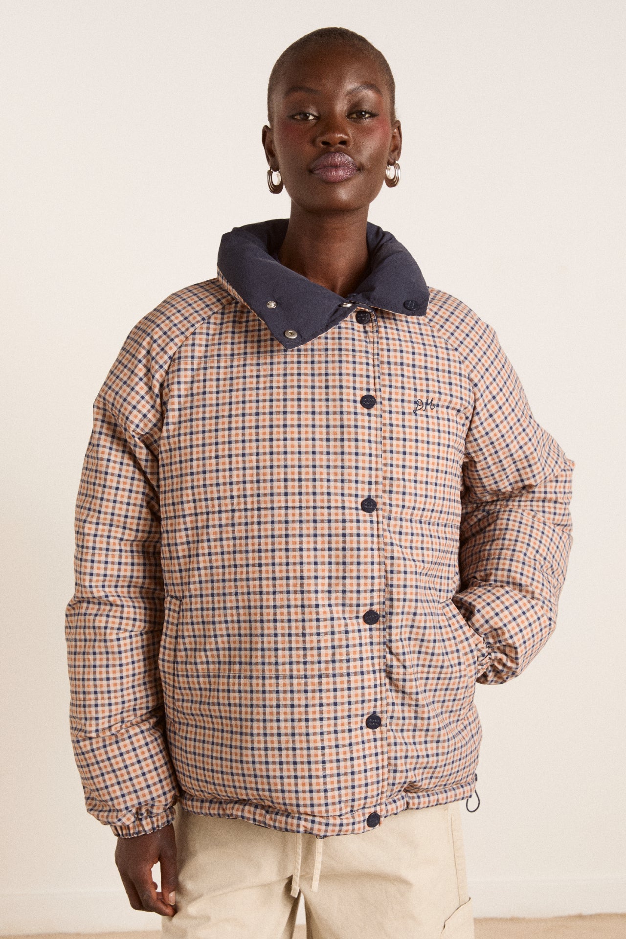 reversible opal puffer - navy & check – Damson Madder