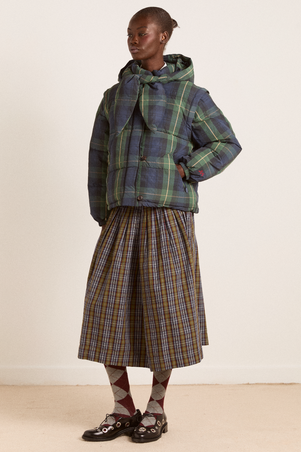 pearl hooded puffer - navy check