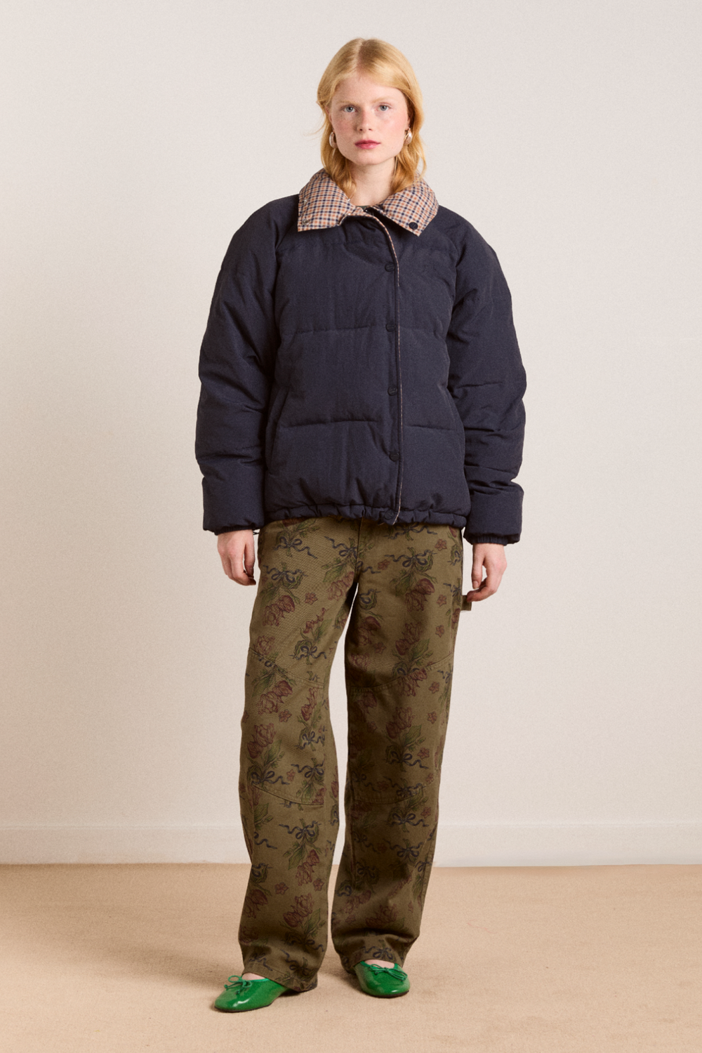 reversible opal puffer - navy & check