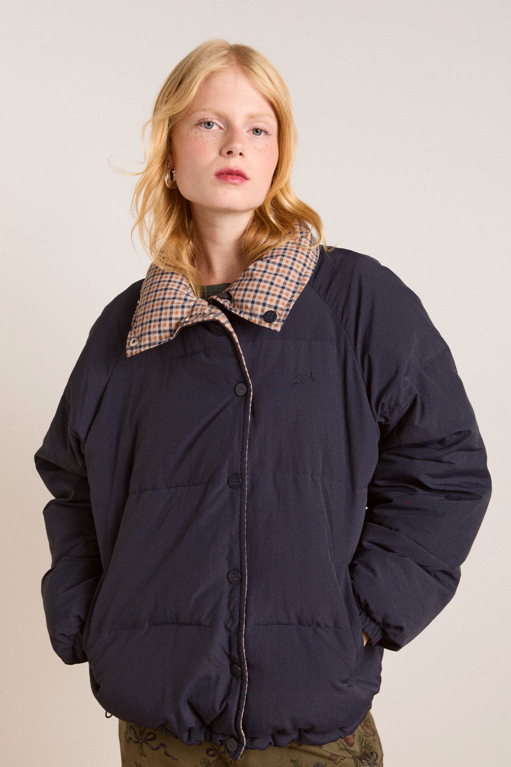 reversible opal puffer - navy & check