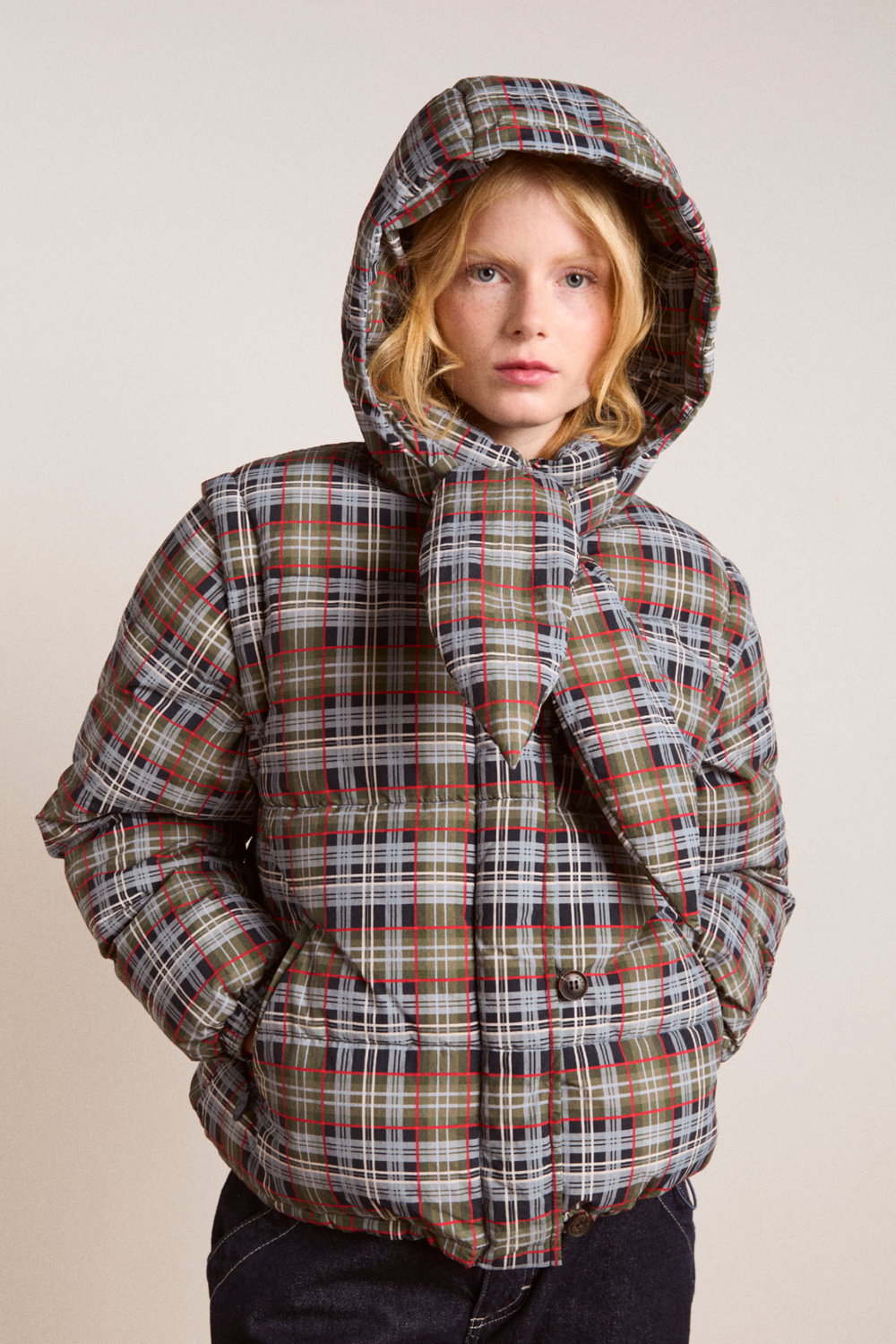 Pearl Hooded Puffer Multi Check Damson Madder