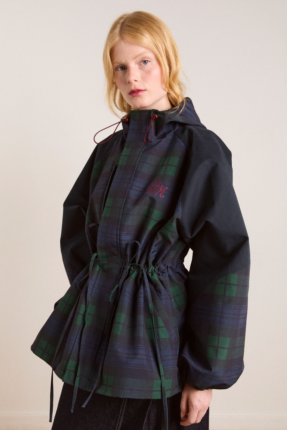 Check Technical Jacket Navy Check Rain Coat | Cinched Waist Rain Jacket – Damson Madder