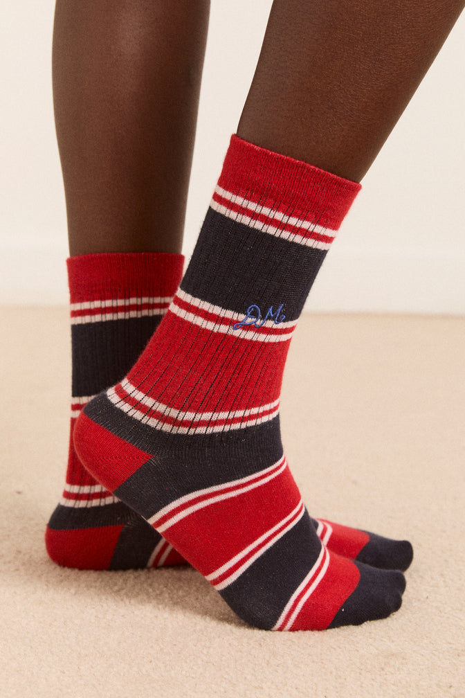 sporty calf length socks - red/navy multi stripe