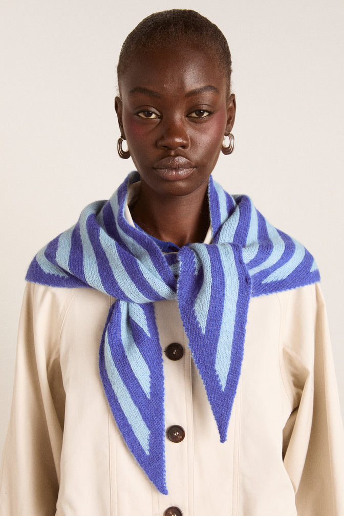 Knitted Stripe Triangle Scarf - Cobalt & Baby Blue