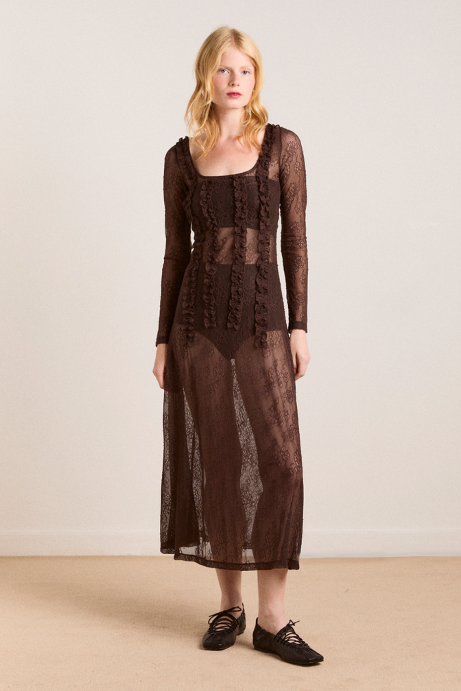 raphi lace midi dress - coffee