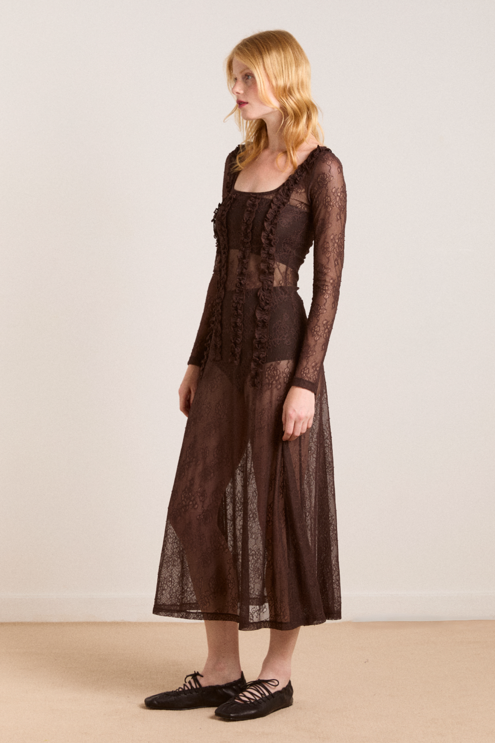 raphi lace midi dress - coffee