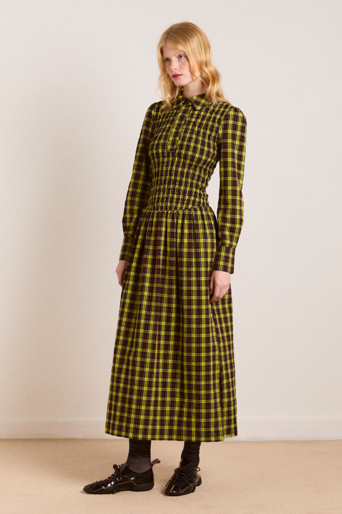 hazel long sleeve midi dress - bold yellow check