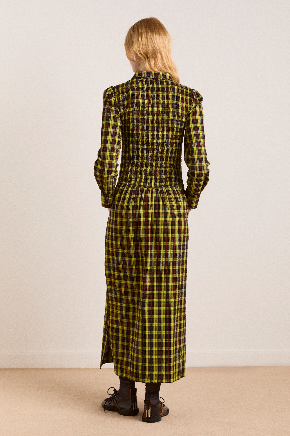 plaid dress yellow Damson Madder - Hazel Long Sleeve Midi Dress - Bold Yellow Check