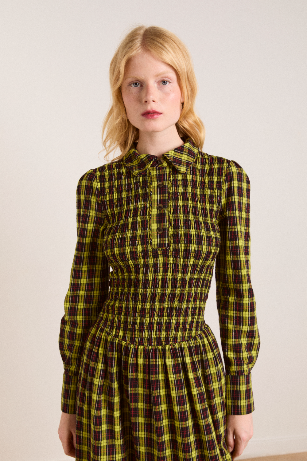 yellow midi dress with sleeves Damson Madder - Hazel Long Sleeve Midi Dress - Bold Yellow Check