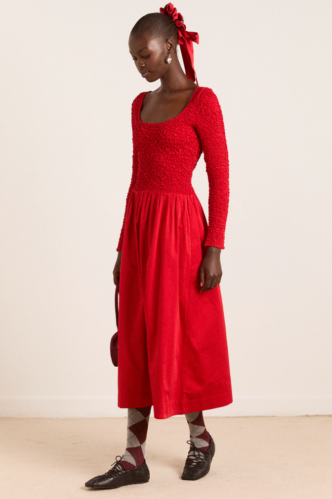 malinda ls smocked midi dress- red