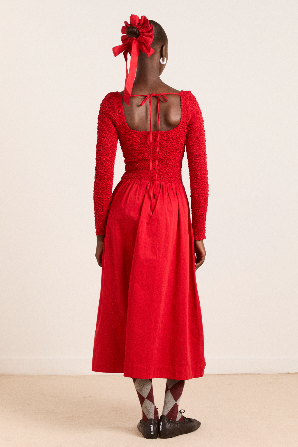 malinda ls smocked midi dress- red