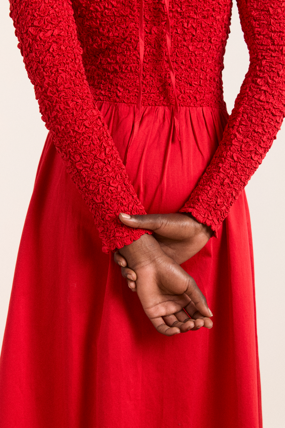 malinda ls smocked midi dress- red