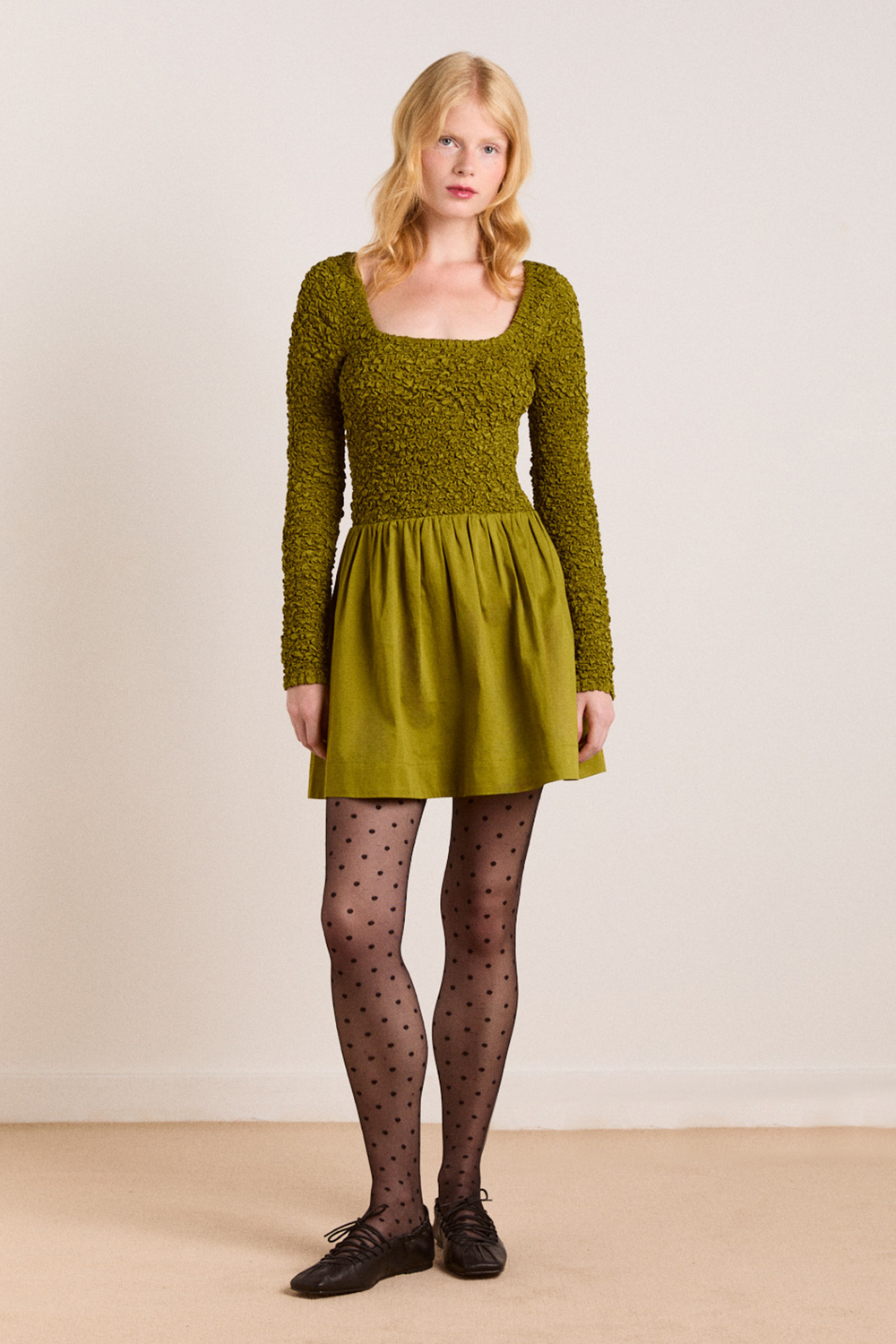 smocked mini dress Damson Madder - Malinda Super Smocked Mini Dress - Olive