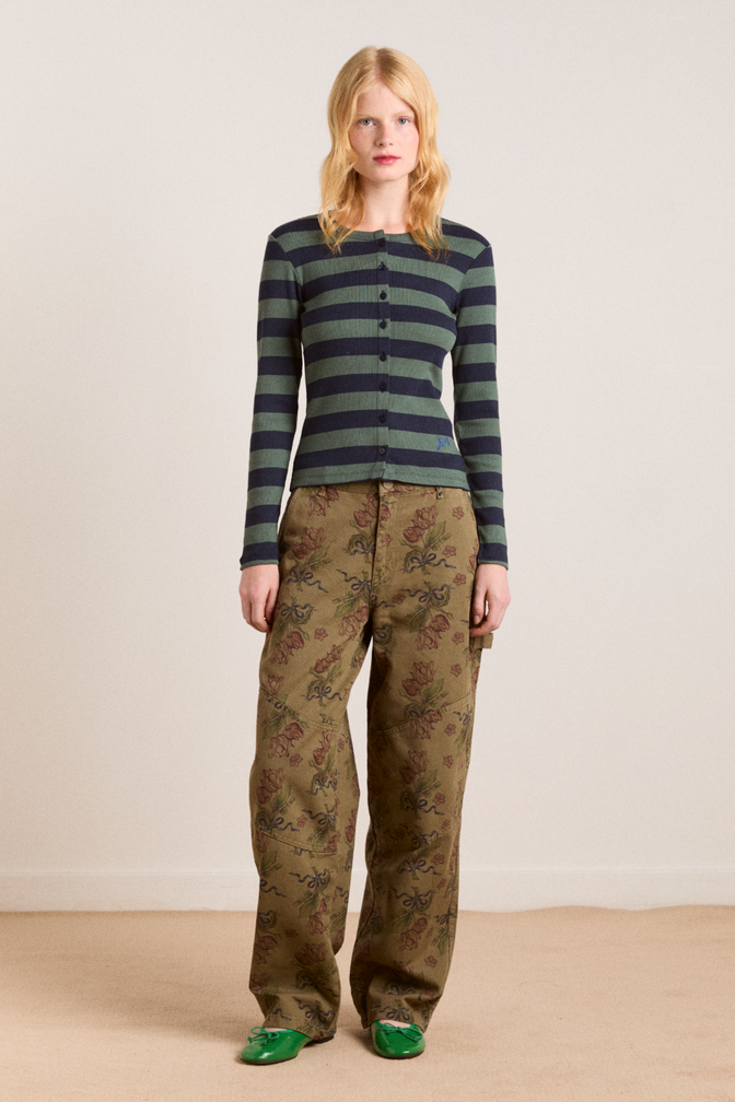 sybil stripe crew cardigan - green/navy stripe