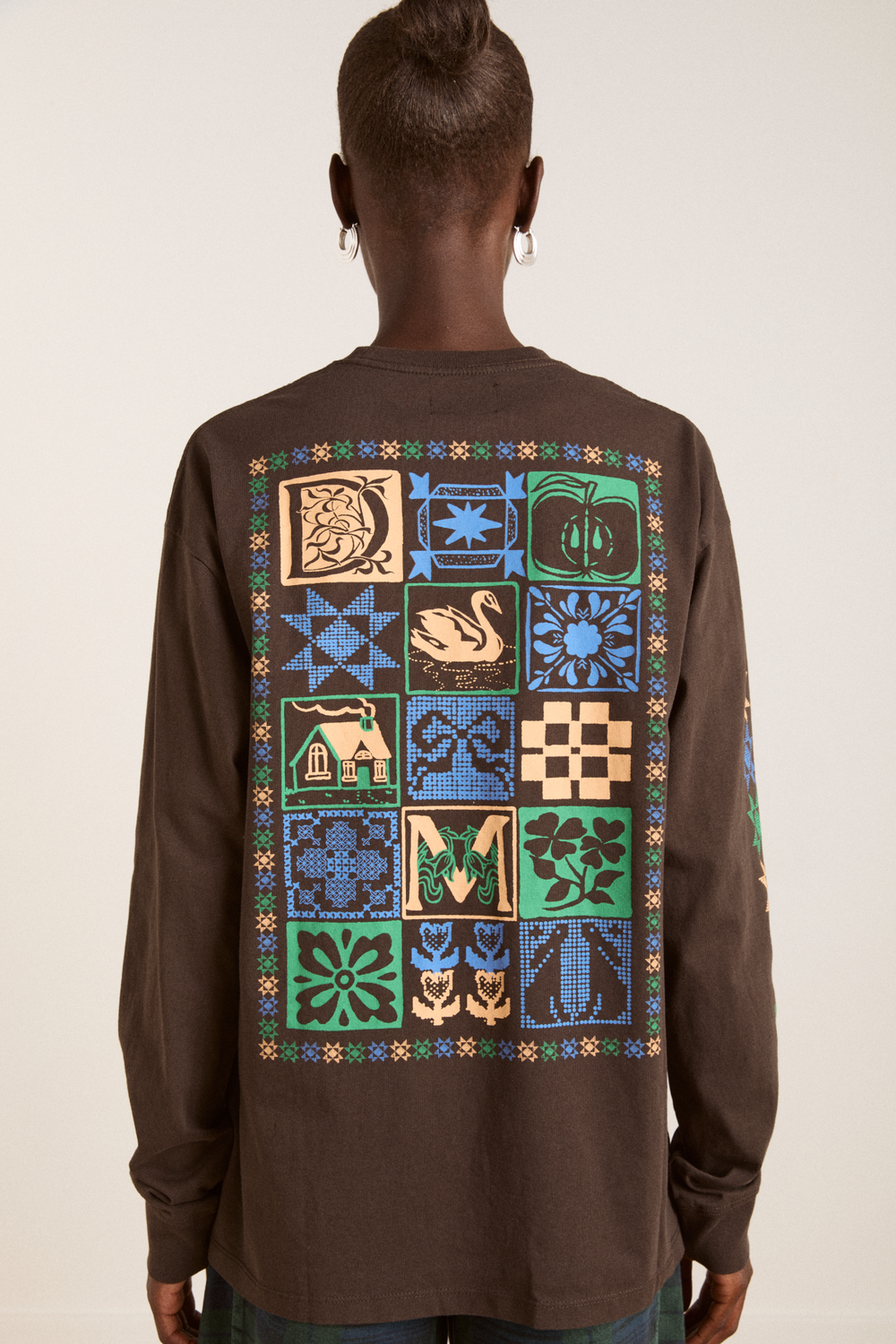 patchwork quilt ls tee - coffee bean