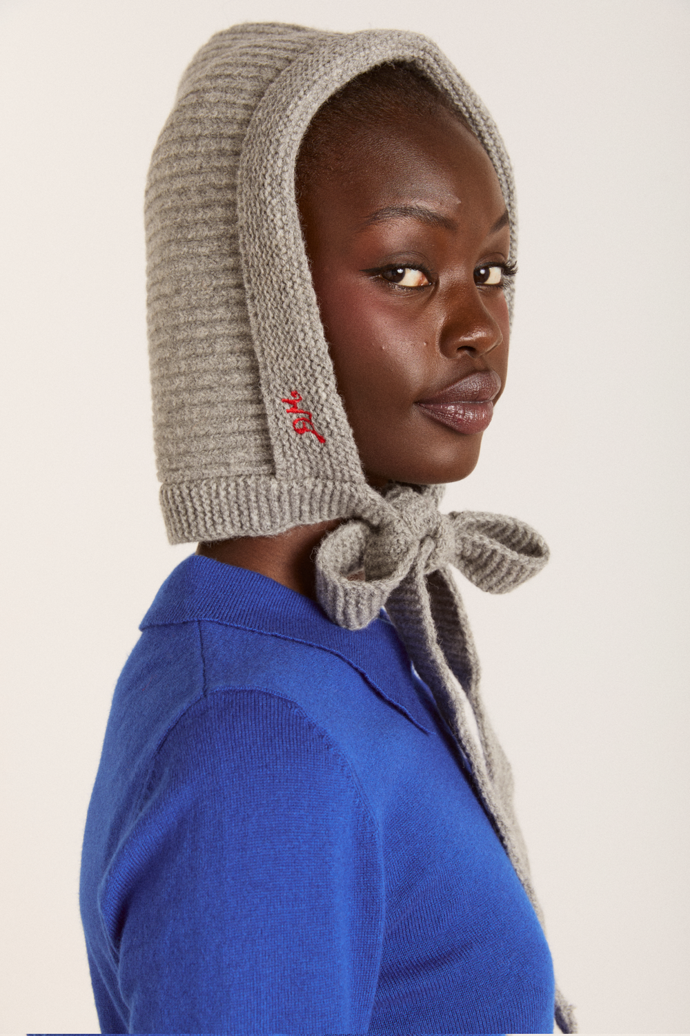 ribbed bonnet with tie detail - grey marl