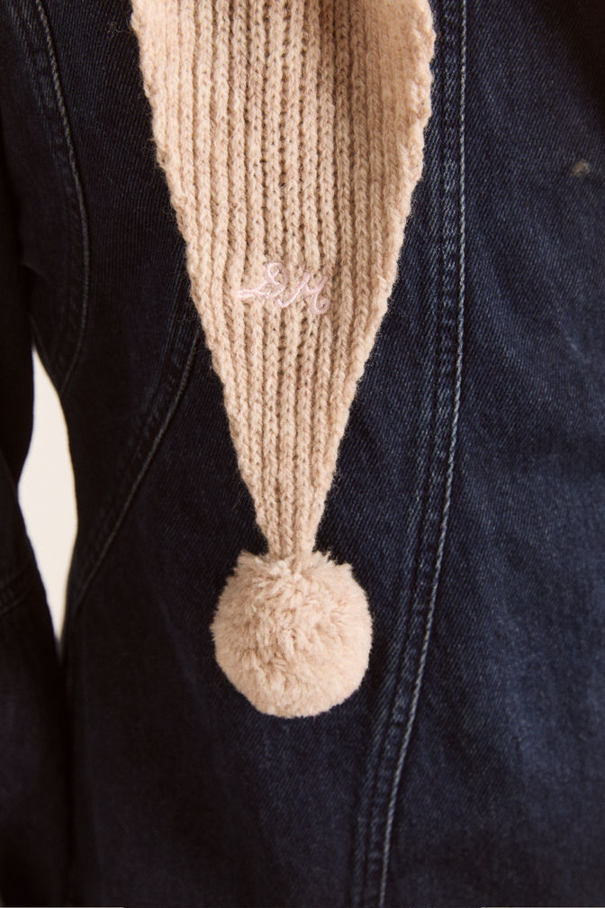 tie front hood with pom pom detail - oatmeal