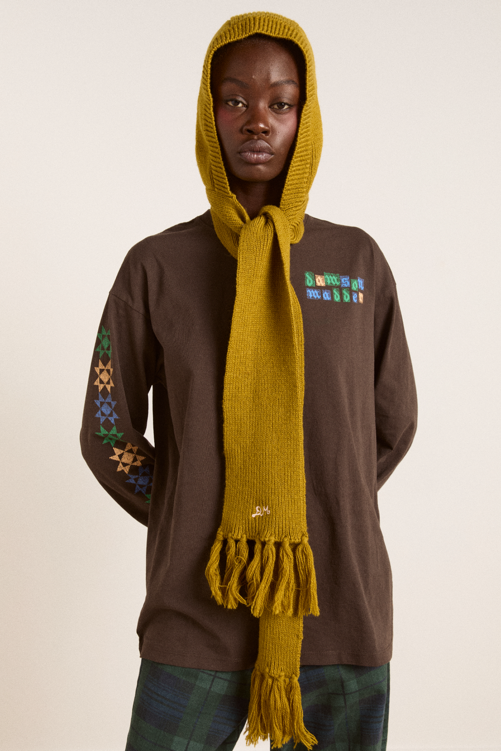 tassel hooded scarf - olive