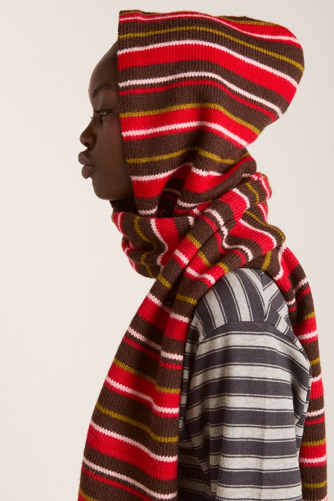 hooded scarf - choc multi stripe