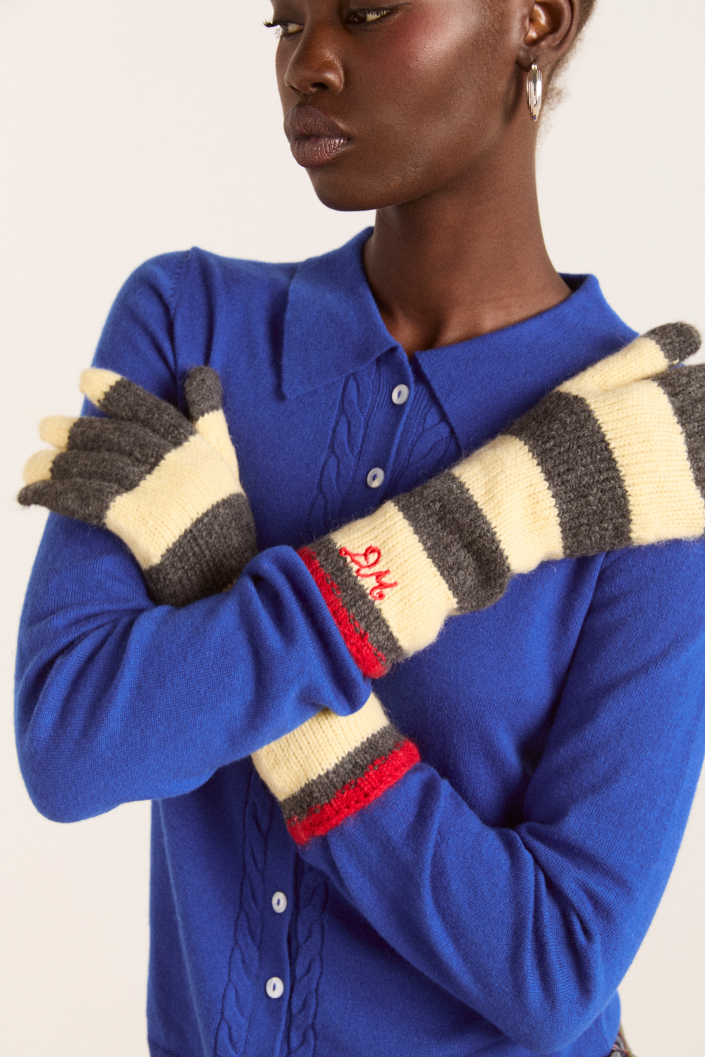 Long gloves - butter / charcoal stripe