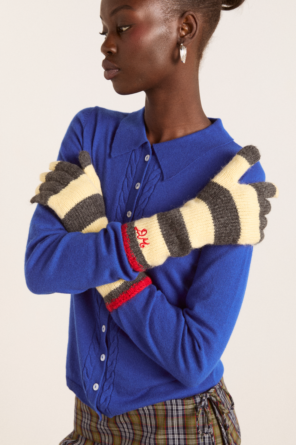 Long gloves - butter / charcoal stripe